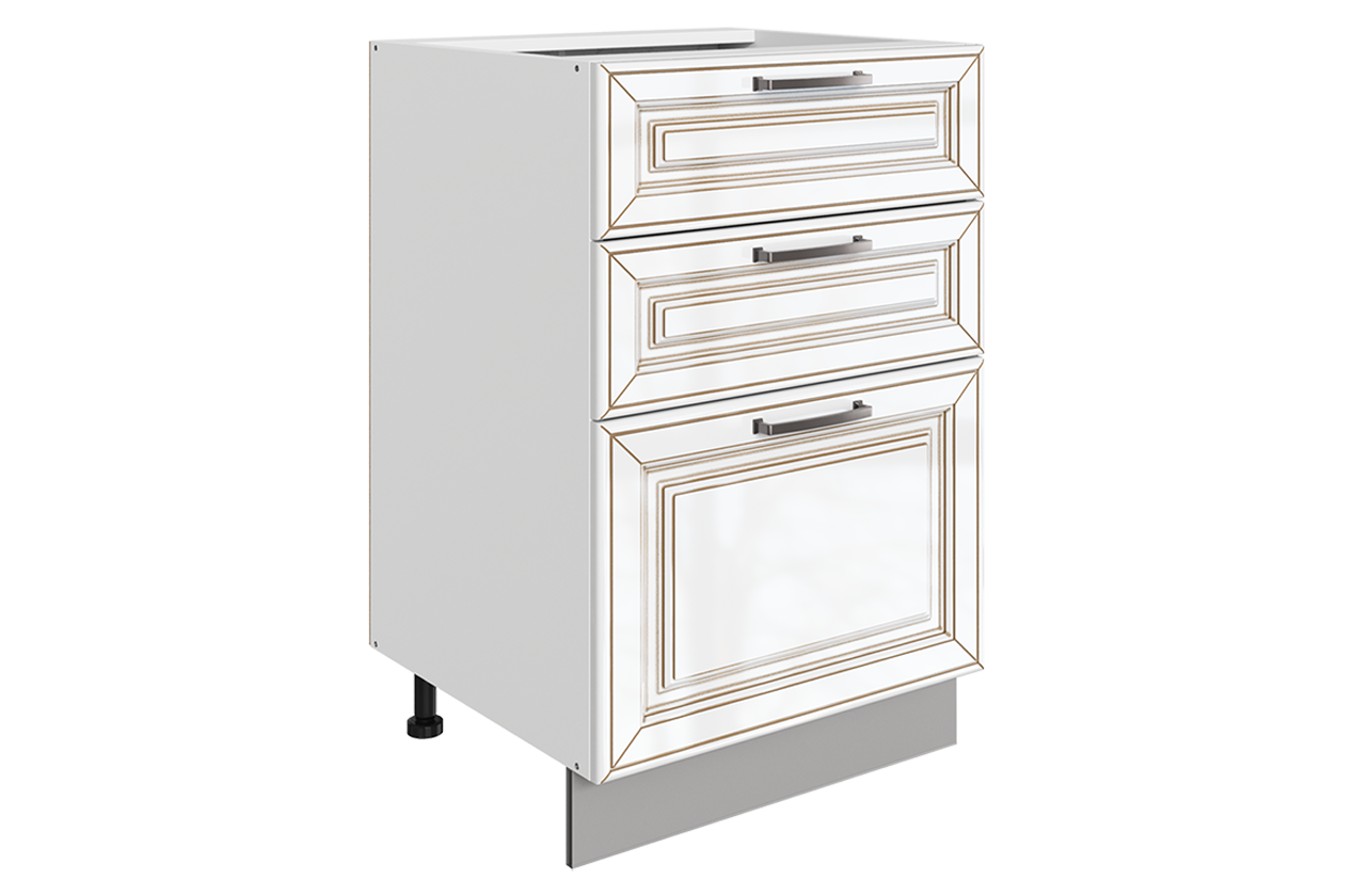 Атланта Шкаф рабочий L500 B500 Слим (3 ящ.) (эмаль) (белый/белый глянец патина золото)