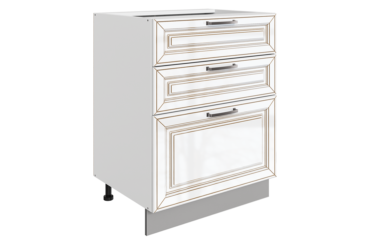 Атланта Шкаф рабочий L600 B500 Слим (3 ящ.) (эмаль) (белый/белый глянец патина золото)