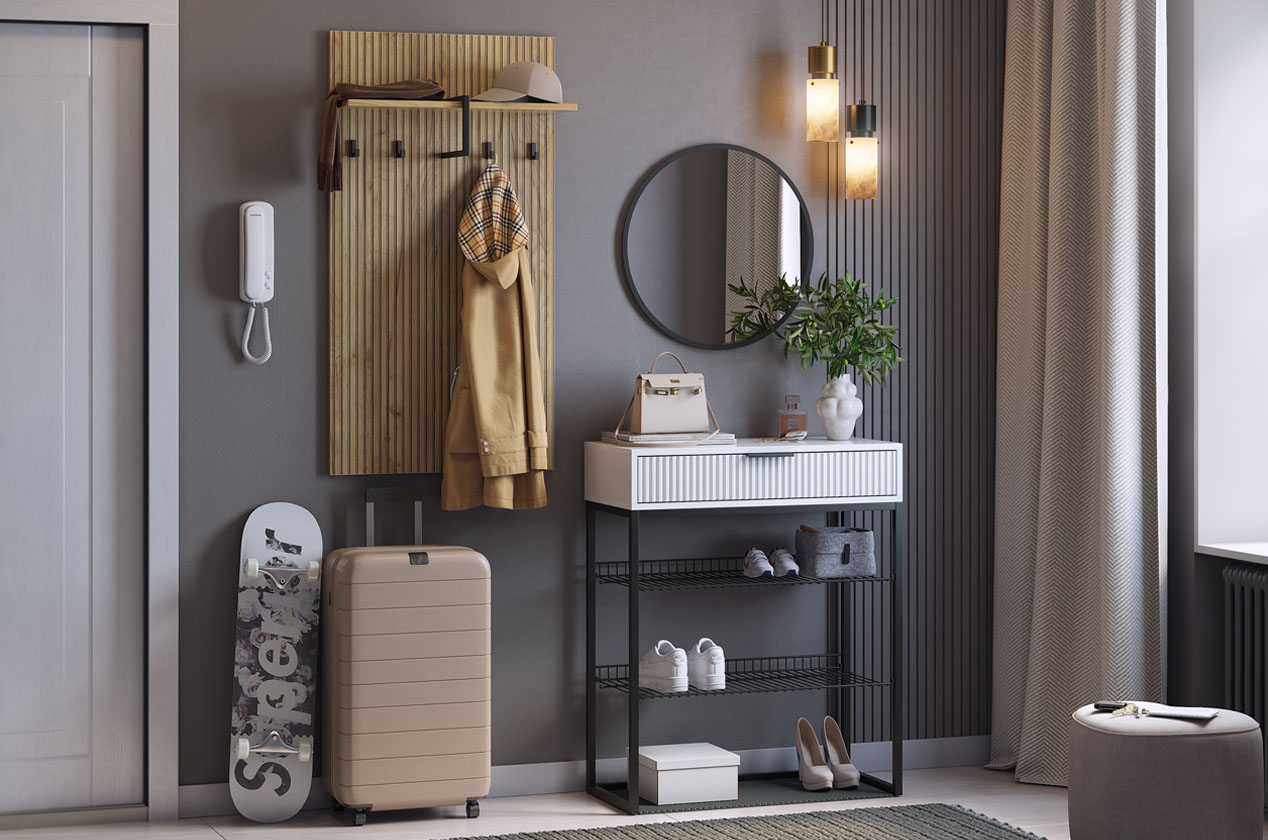 Прихожая "Мебельсон К15" (1350х334х1750) (дуб крафт золотой/белое дерево/черный муар/черный)