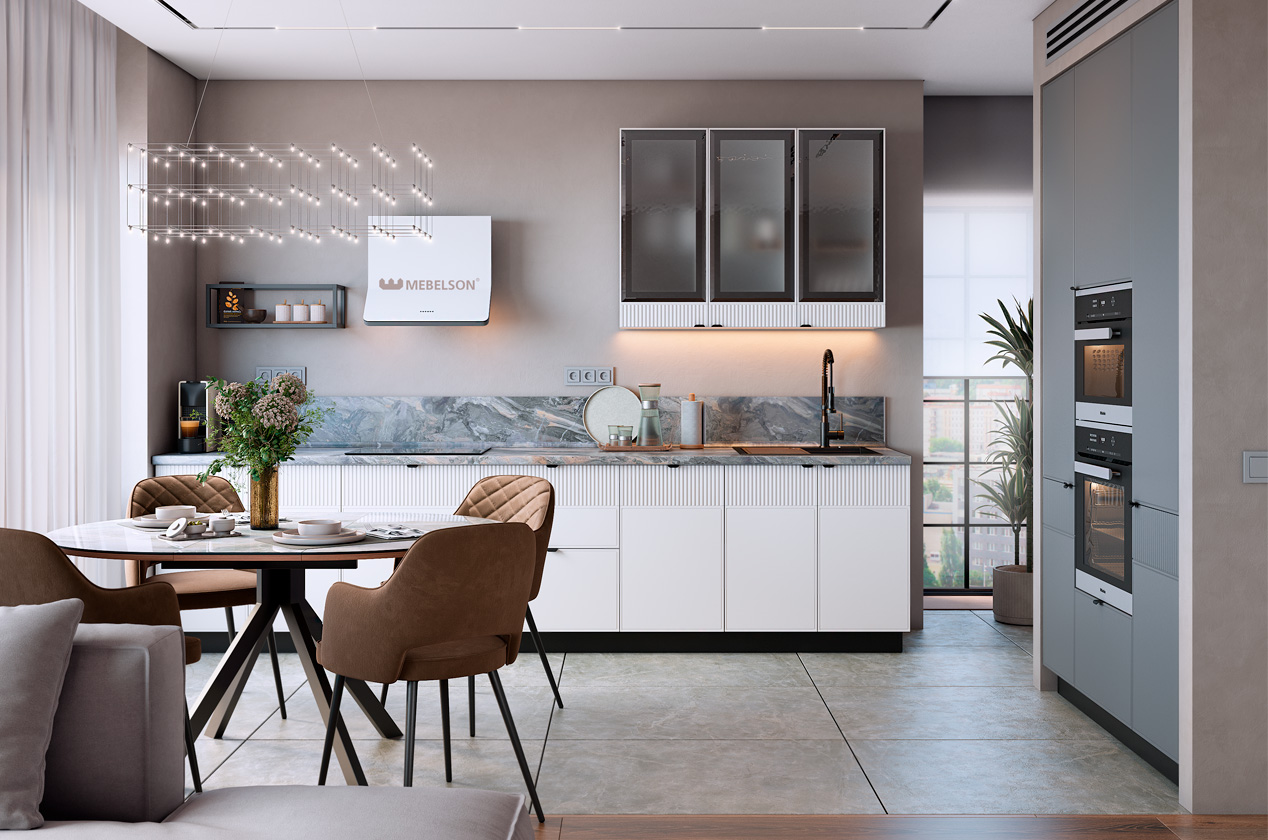 Кухонный гарнитур 2 "Бариста" (ширина 380х200 см) (белый/милк матовый/графит матовый)