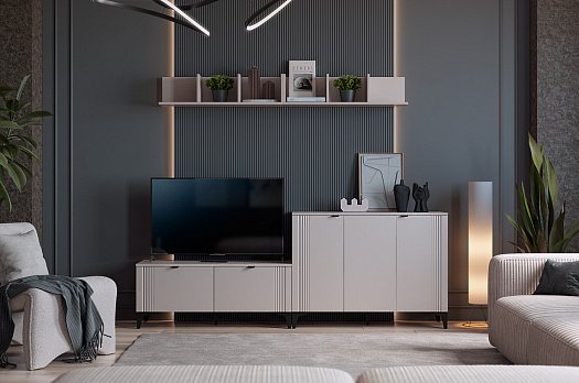 Гостиная "Рич К2" (2200х420х1800 мм) (кашемир/фрапучино матовый/черный)