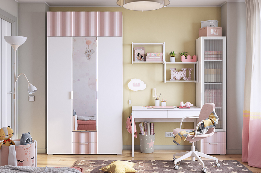 Набор детской мебели "Зефир К1" (2700х580х2300) (белое дерево/белый муар/пудра розовая (эмаль))