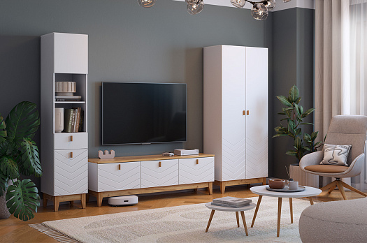 Гостиная "Хюгге К3" (3050х420х1953 мм) (белое дерево/дуб крафт золотой/белый матовый)