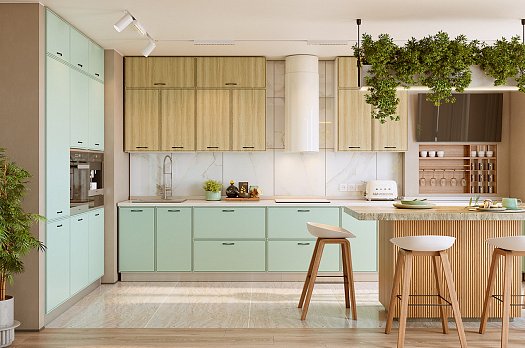 Кухонный гарнитур 1 "Монако" (ширина 380х240 см) (белый/дуб европейский матовый/ментол матовый)