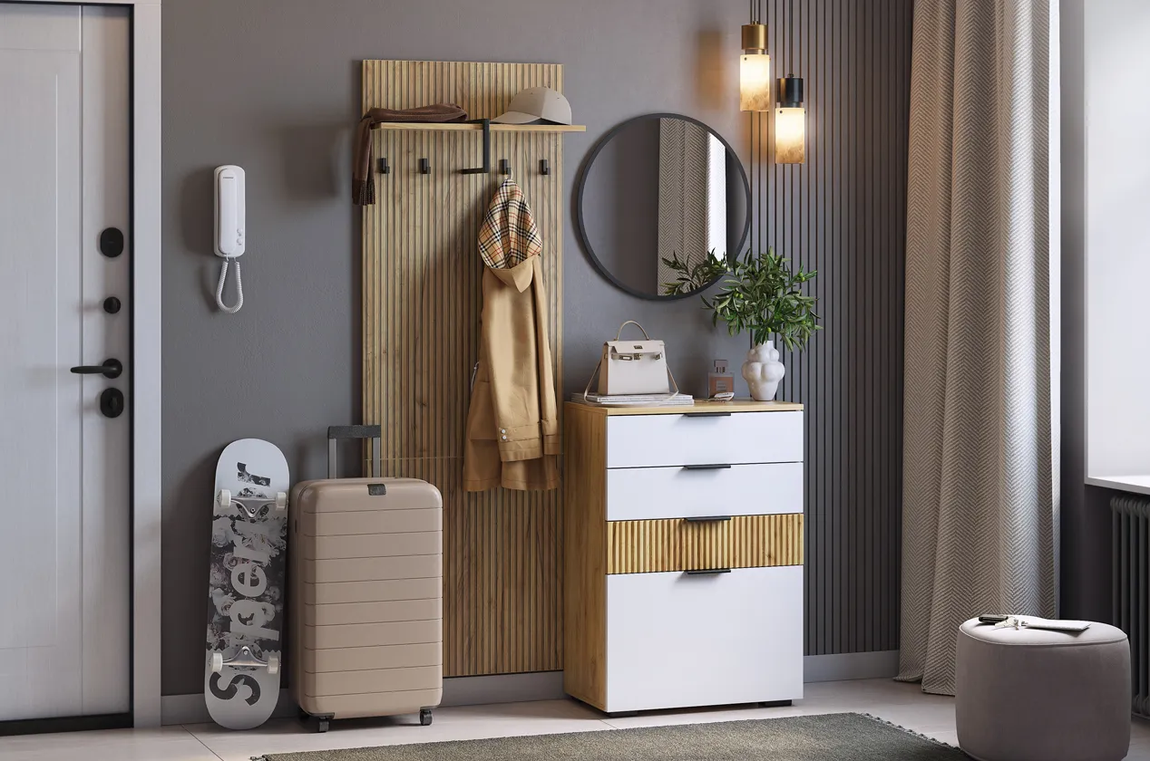 Прихожая "Мебельсон К3" (1200х353х1750) (дуб крафт золотой/белое дерево/черный)