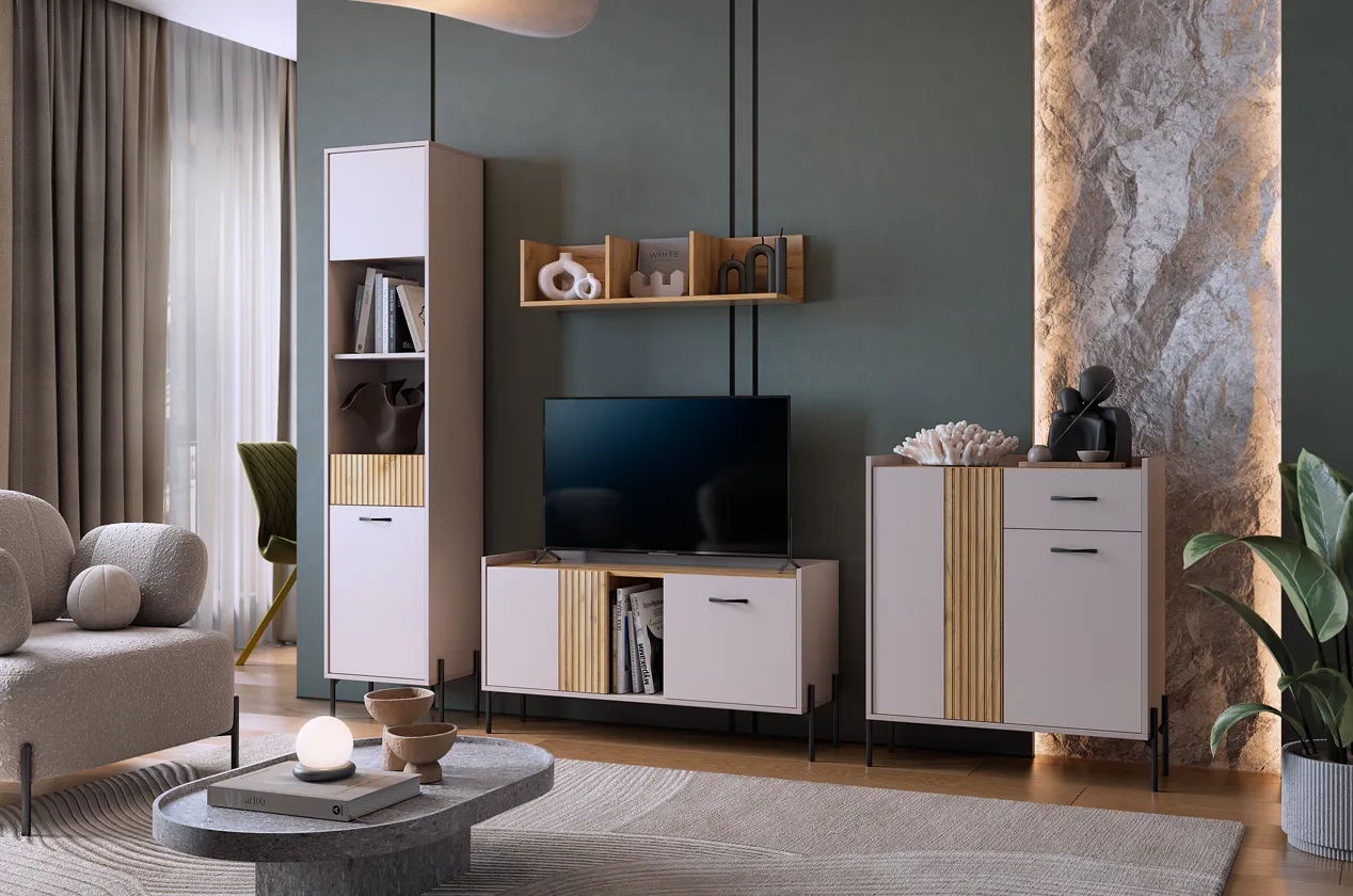 Гостиная "Доминика К3" (2620х350х1950) (кашемир/дуб крафт золотой)