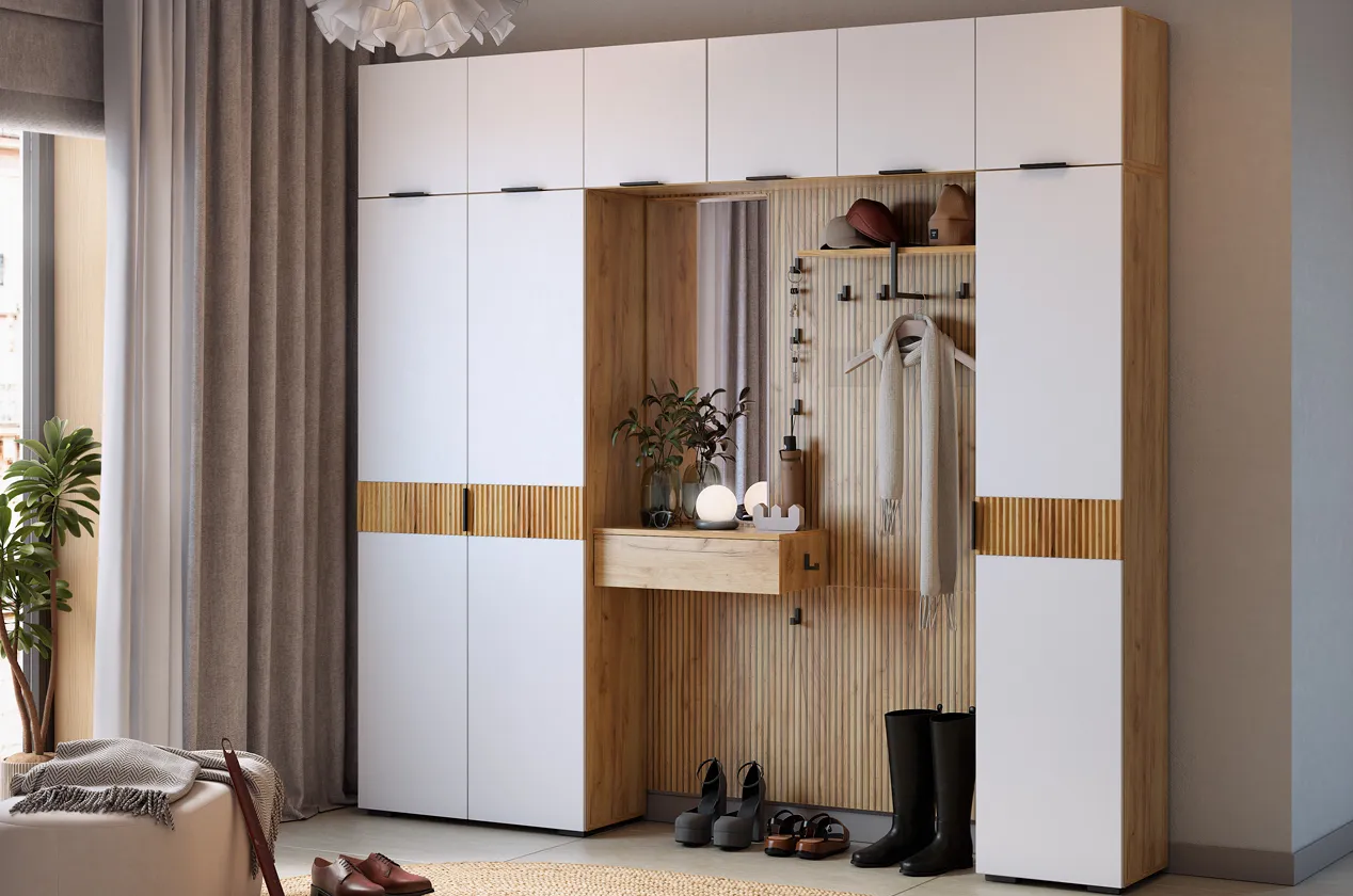 Прихожая "Мебельсон К12" (2400х350х2226) (дуб крафт золотой/белое дерево)