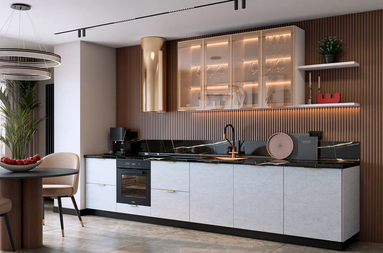 Кухонный гарнитур 7 (ширина 362х60х234,8 см) (белый/белая скала/золото матовое/зеркальная бронза)