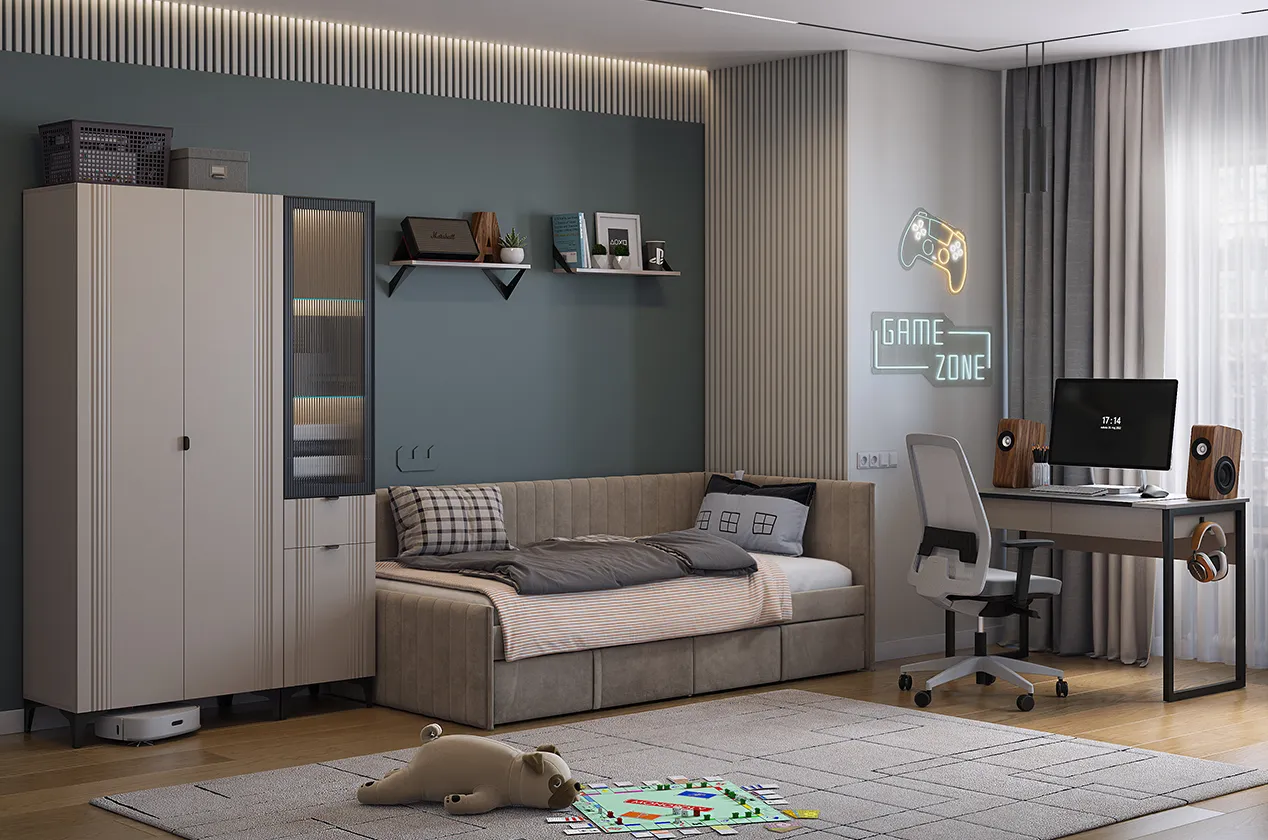 Набор детской мебели "Мебельсон К1" (кашемир/фрапучино матовый/черный/капучино (велюр))