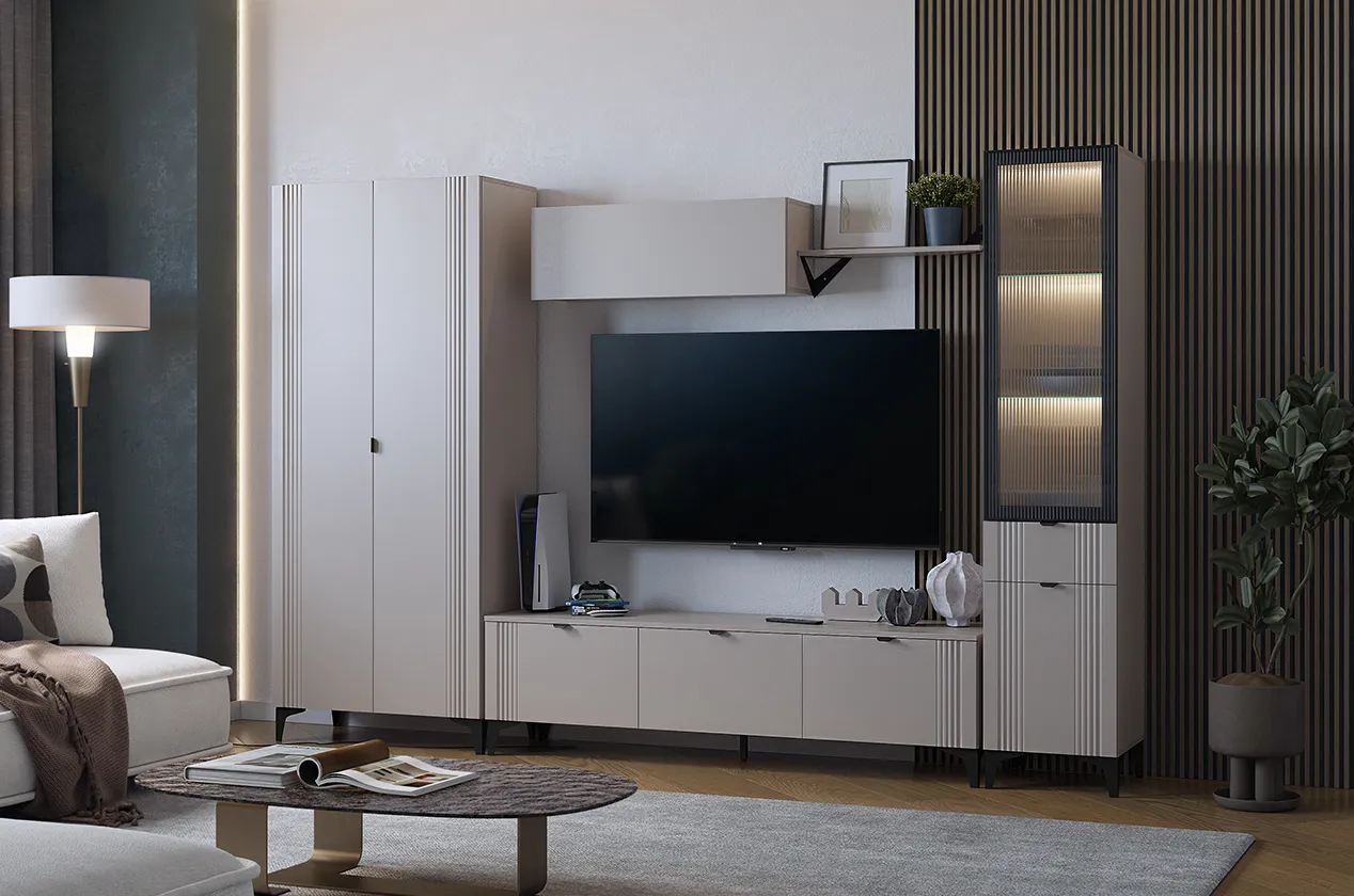 Гостиная "Рич К4" (2850х420х1900 мм) (кашемир/фрапучино матовый/черный)