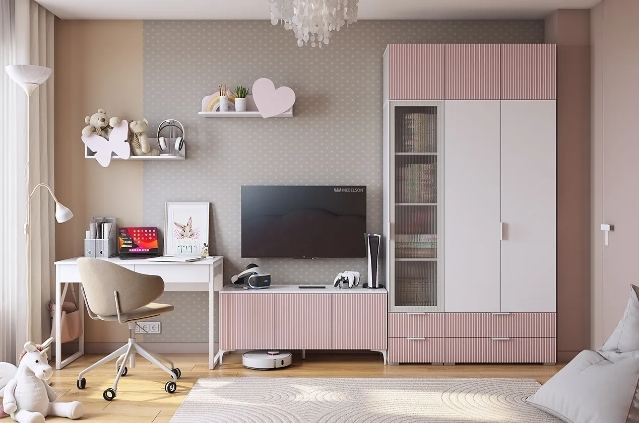 Набор детской мебели "Зефир К2" (3500х580х2300) (белое дерево/белый муар/пудра розовая (эмаль))
